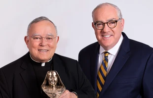 Archbishop Charles J. Chaput receives first annual Mother Angelica Award from EWTN CEO Michael P. Warsaw. EWTN